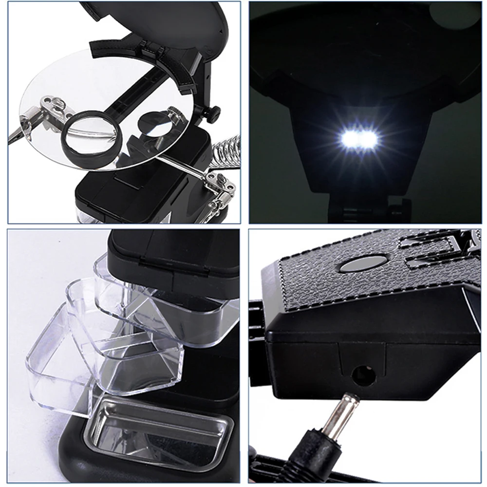 Soldering Iron Welding Magnifying Glass 2 LED 3X 4.5X 25X Helping Hand Rework Magnifier with 3 Tools Boxes Desk Station Repair