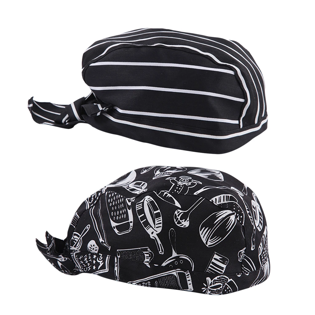 2 Pieces Unisex Chef Pirate Hat Cap Chef Headscarf Headwrap Black and White Stripes Chef Cap