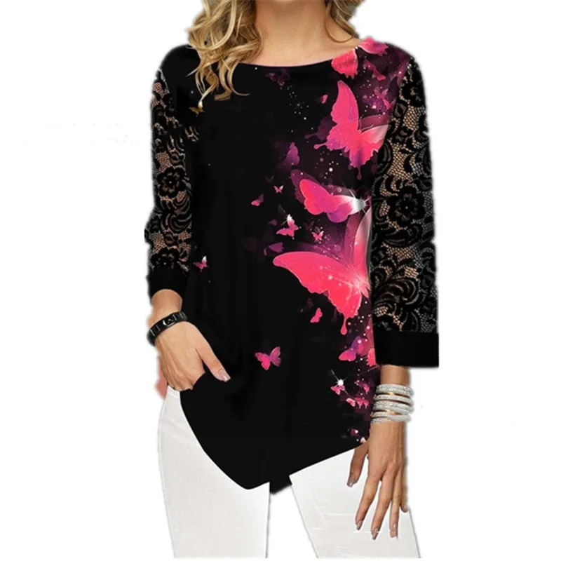 5XL Plus Size Women Clothing Shirts Long Sleeve Casual Spring Blouse Hem Irregular Lace Patchwork Top Flower Print Fashion Shirt poet shirt