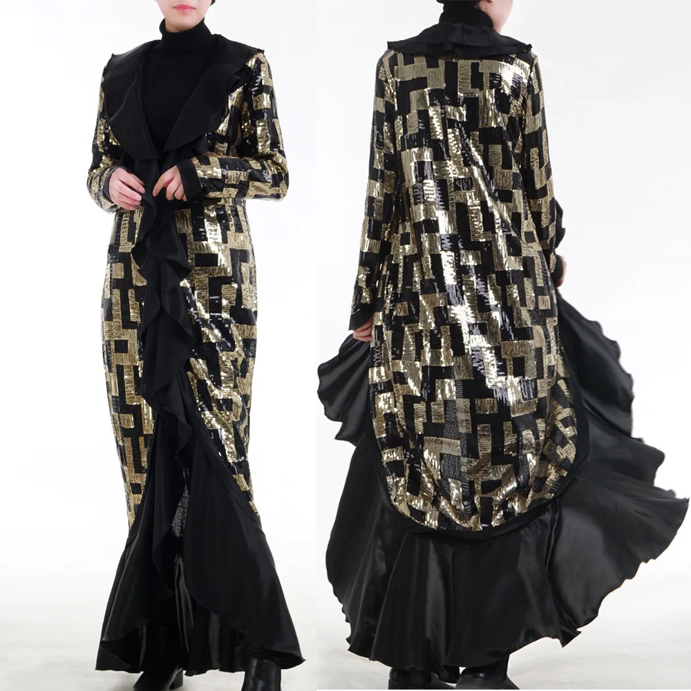 

Arab Muslim Women Sequin Embroidery Cardigan Abaya Dress 2020 New Design Female Fashion Ruffles Mermaid dress Dubai Abaya Dress