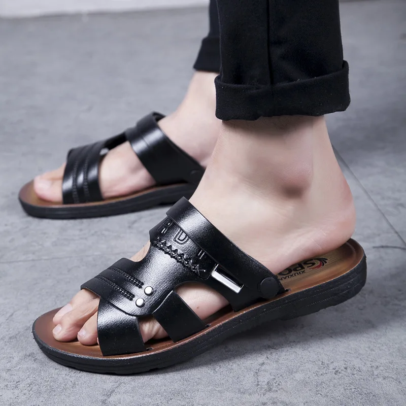 New Products Summer MEN'S Sandals Hide Substance Anti-slip Casual Beach Shoe Abrasion Resistant Synthetic PU Leather Slippe