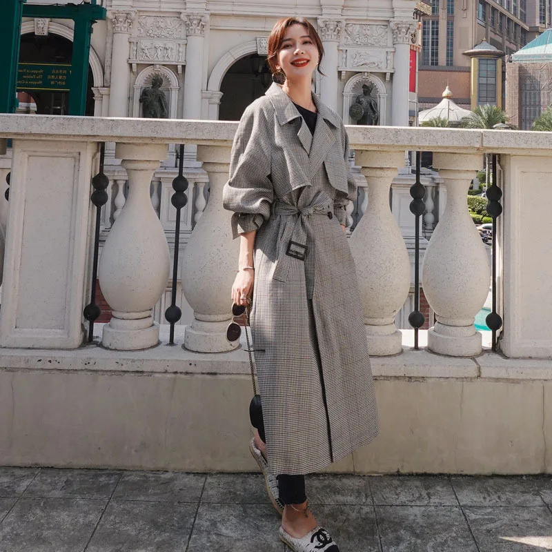 

Photo Shoot 2020 Spring New Style CHIC Korean-style Loose-Fit Thousands of Birds Casual Lace-up Mid-length Trench Coat Coat Wome