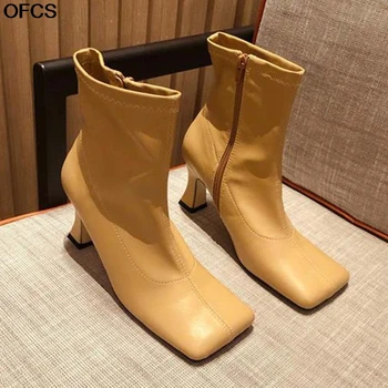 

Autumn Elastic Women Boots Square Toe High Heel Women Ankel Boots PU Leather Thin High Heel Short Boots Women Chelsea Boot Shoes