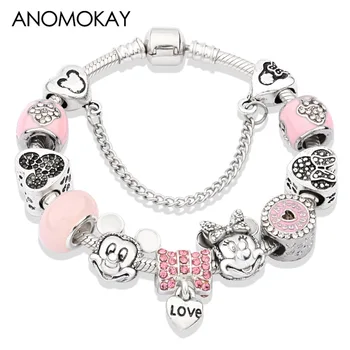 Cute Pink Crystal Disney Mickey Minnie Charm Bracelet Silver Color Heart Bead Bracelet for Women Girl Fashion Jewelry Gift 1