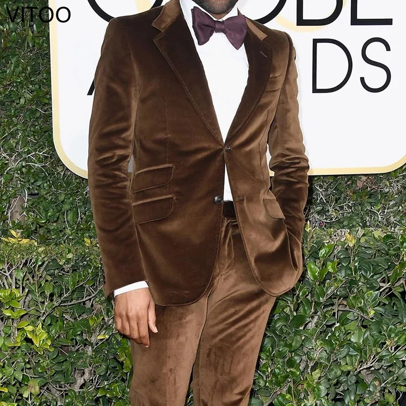 

2 Pieces Men's Slim Fit Model Brown Velvet Prom Suit Custom Wedding Groom Tuxedo Suit Jacket with Pants Men's Fashion Clothing