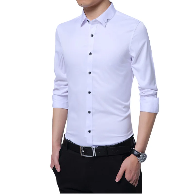Мода деловая Мужская рубашка новая брендовая приталенная однотонная универсальная рубашка мужская с длинным рукавом простая выпускная смокинг блузка Homme - Цвет: Белый