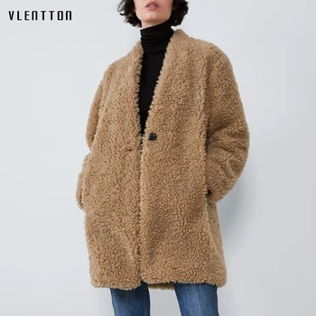 

2020 Autumn Winter Long Lamb Jacket Coats Women V-Neck Plush Thick Warm Pink Teddy Overcoat Casual Faux Fur Coat Female Outwear