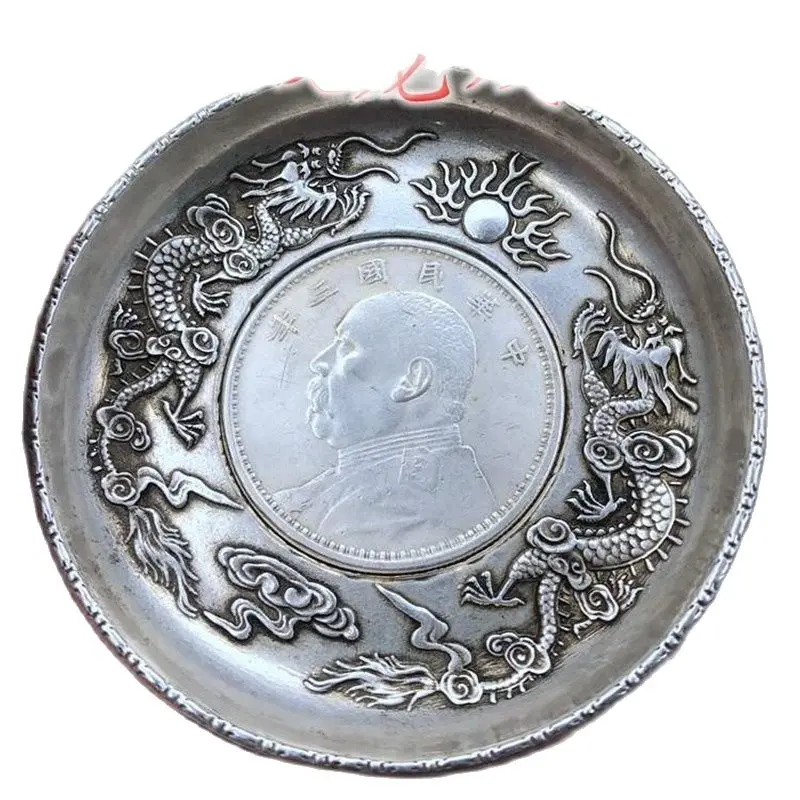 

China Old Carved Tibetan Silver Writing-Brush Washer Double Dragon Plates