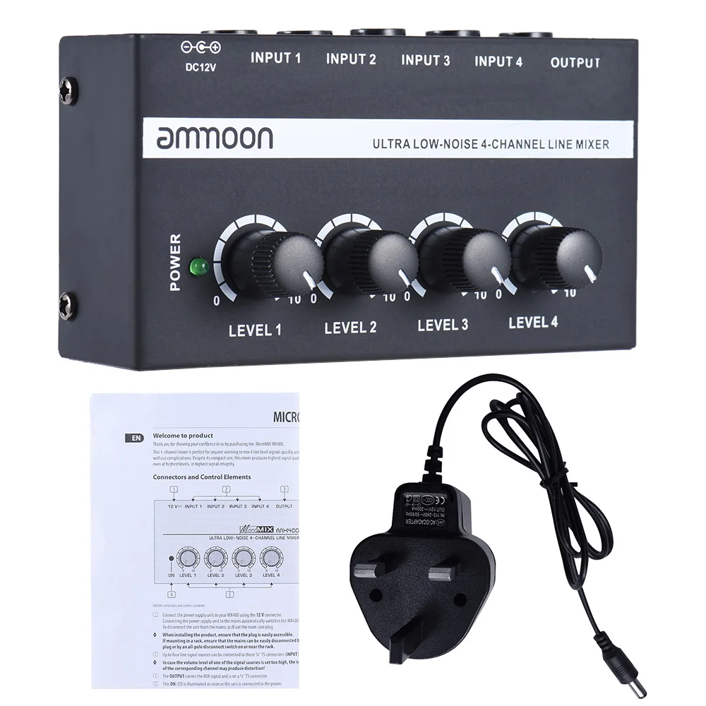

EU/UK/US Plug MX400 Ultra-compact Low Noise 4 Channels Line Mono Audio Mixer with Power Adapter