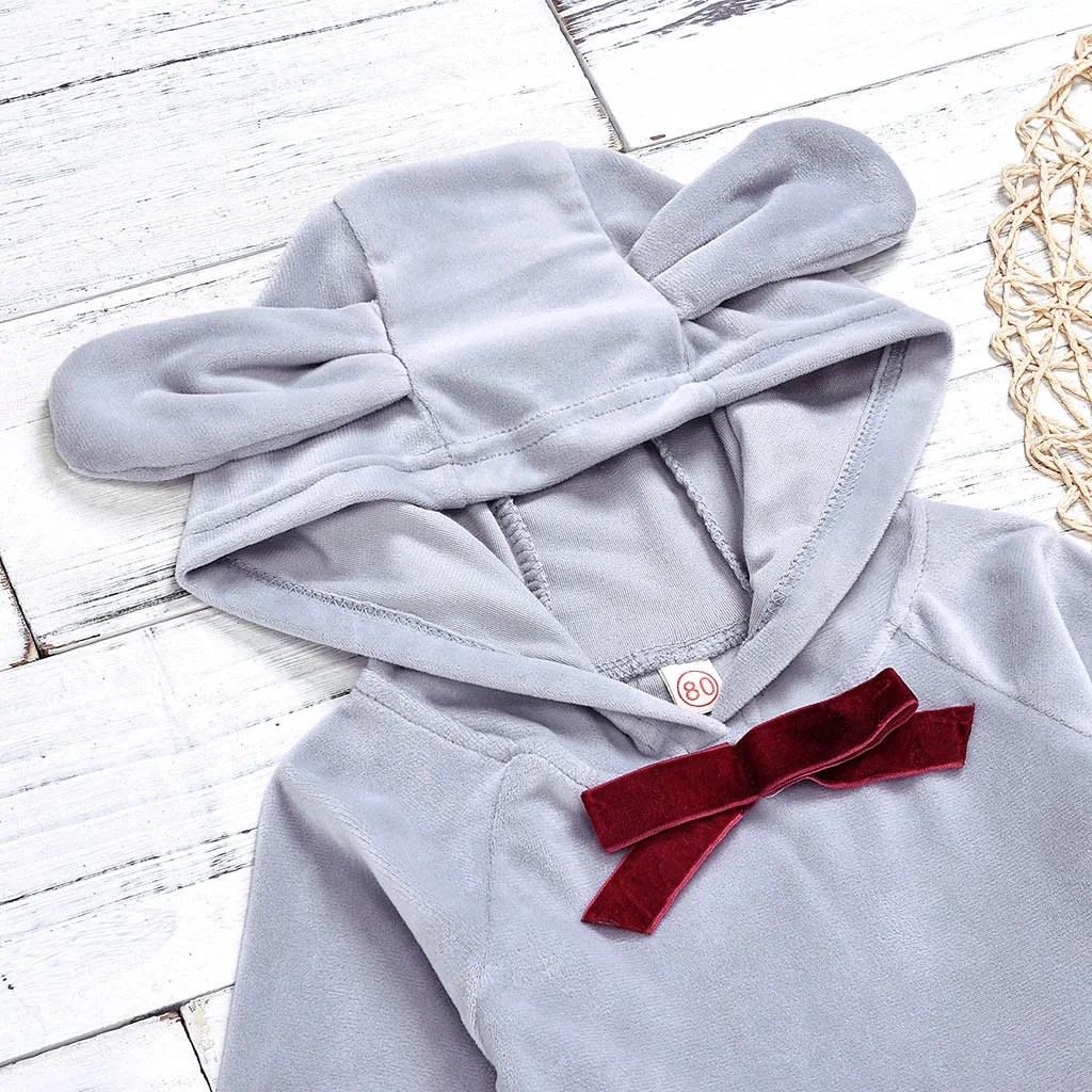 Long Sleeve Bow Ruffles Hooded Sweatshirt Tops Newborn Baby Girl Clothes Winter Cotton Plush Pants Toddler Girls Clothing Sets