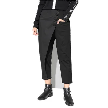 

2020 New Spring Black Loose High Waist Flat Elastic Waist Women Fashion Tide Wide Leg Ankle-length Pants