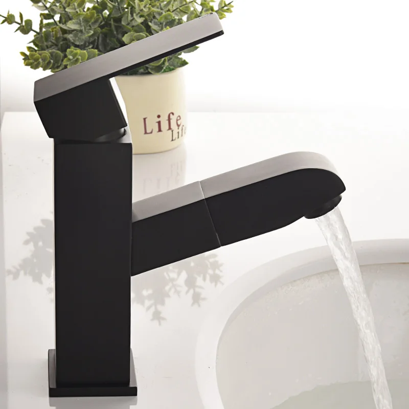 304 Stainless steel Black Square Pull Out Wash Basin Mixer Faucets Hot and Cold Water Bathroom Sink Faucet Tap