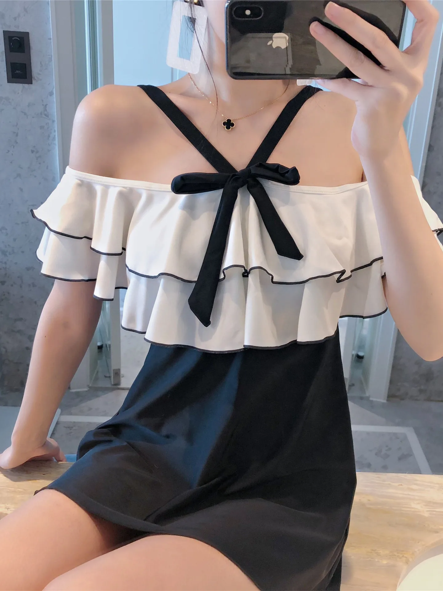 

Bathing Suit Women's Slimming Belly Covering South Korea Hipster 2018 New Style Hot Springs off-Shoulder Skirt One-piece Hot Spr