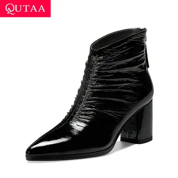 

QUTAA 2021 Pleated Sheepskin Winter Ankle Boots Pointed Toe Classic Short Boots Square High Heel Zipper Women Shoes Size 34-42