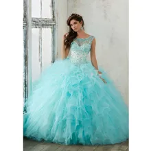 Бирюзовые Бальные платья бальное платье органза оборки бисером кристаллы дешевые милые 16 платья