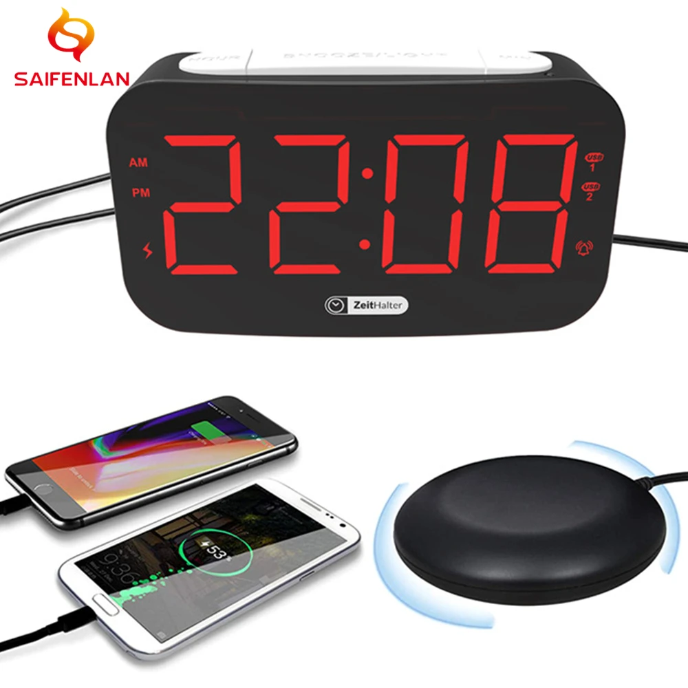 Super Loud Alarm Clock With Bed Shaker For Heavy Sleeper, Vibrating Alarm Clock With Dual Usb