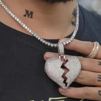 

Luxury Full Rhinestone Broken Heart Pendant Necklace Choker for Couple Gift Bling Crystal Hip Hop Necklace Chain Charms Jewelry