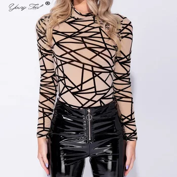 

2020 Long Sleeve Print Sexy Bodycon Bodysuits Autumn Winter Women High-Necked Bodycon Bodysuits Skinny Romper Jumpsuits Overalls