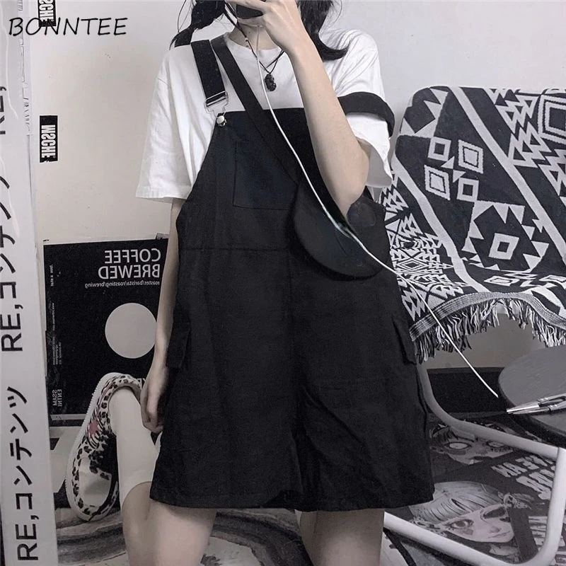 

Комбинезоны женские в японском стиле, летняя уличная одежда в стиле Харадзюку, хипстерские Широкие штаны, универсальные черные простые модные комбинезоны для подростков, Y2k Chic, Лидер продаж