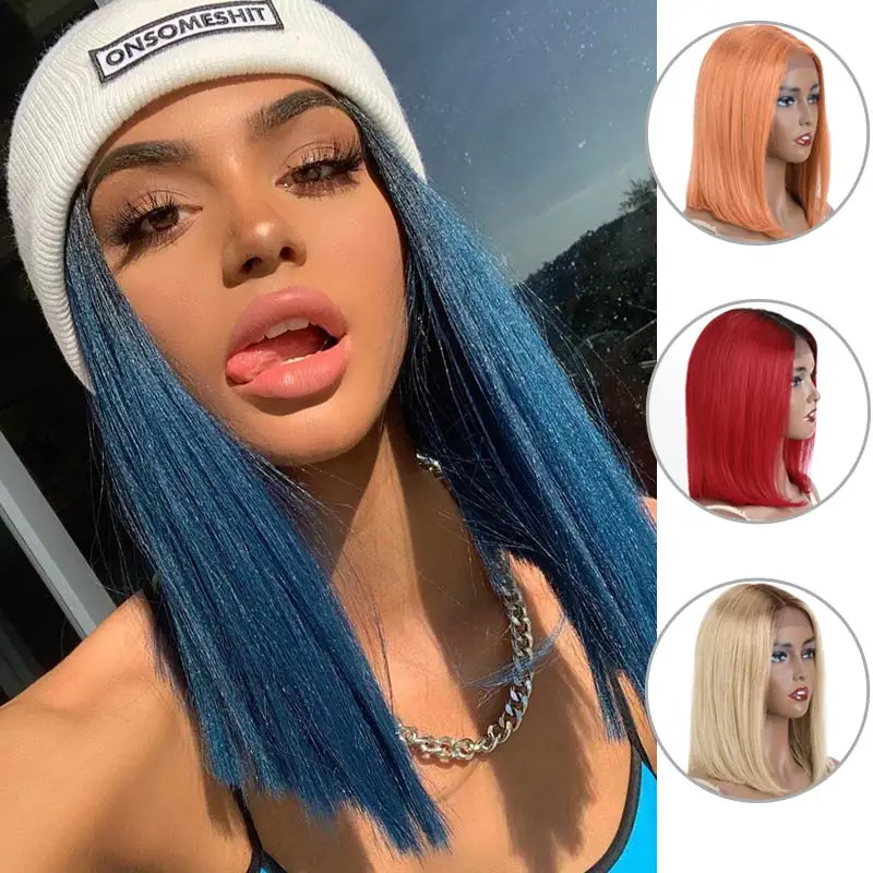 Photo Product Rebecca Silky Straight Short Bob Lace Front Human Hair Wigs For Women ombre bule blonde pink  Color Middle Part Ombre Lace Wig