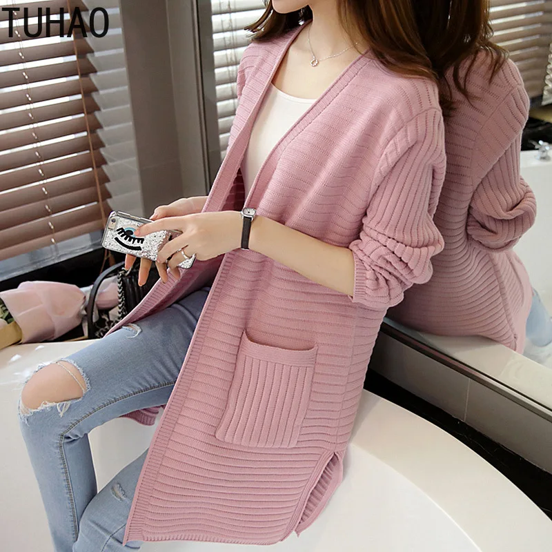 

TUHAO office Long Cardigan Women Knit Sweater Women Long Sleeve auumn Winter 2019 Pockets female Cardigan clothing HC55