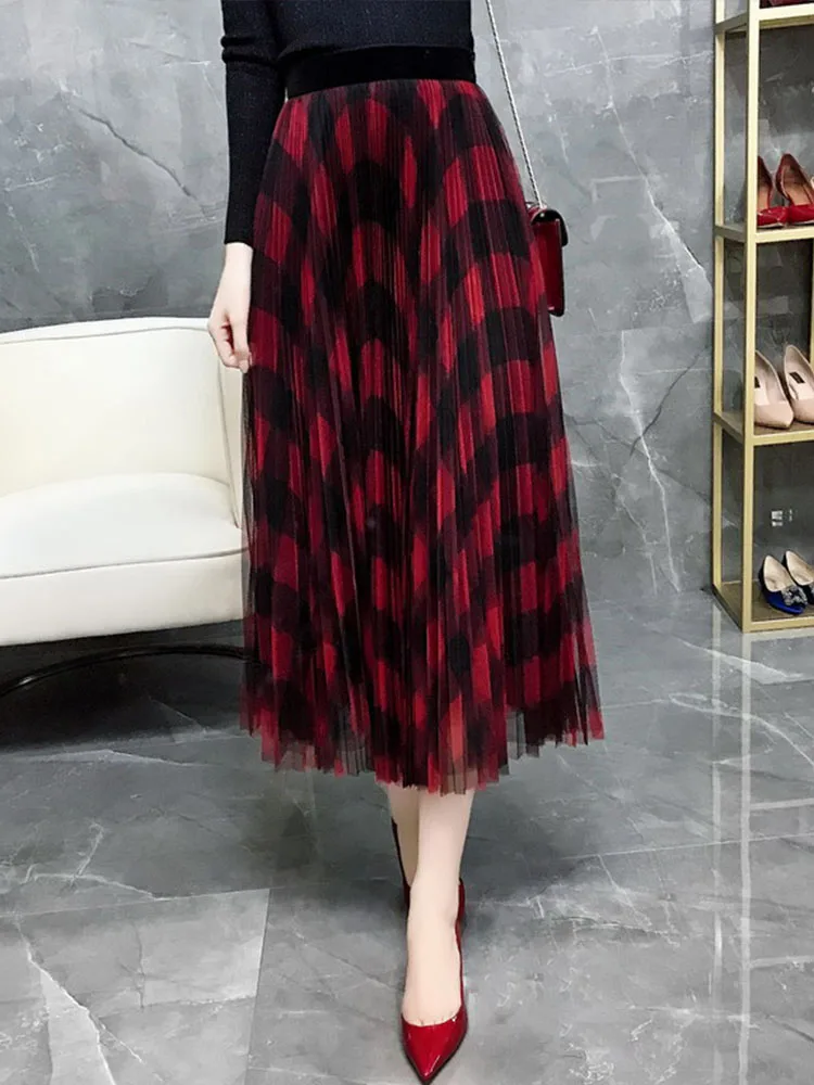 Skup Kobiety w stylu Vintage klasyczna siatka wzór Plaid wysokiej talii spódnica linii moda wysokiej talii plisowane spódnice midi