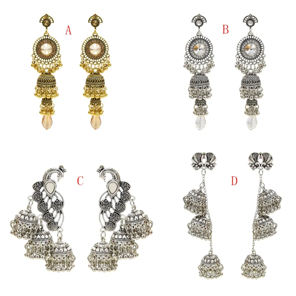 Этнические серебряные серьги-капли Jhumka Jhumki, оксидированные серьги с большим кристаллом павлина, мексиканские цыганские, афганские, Индия, этно-стиль, турецкие ювелирные изделия