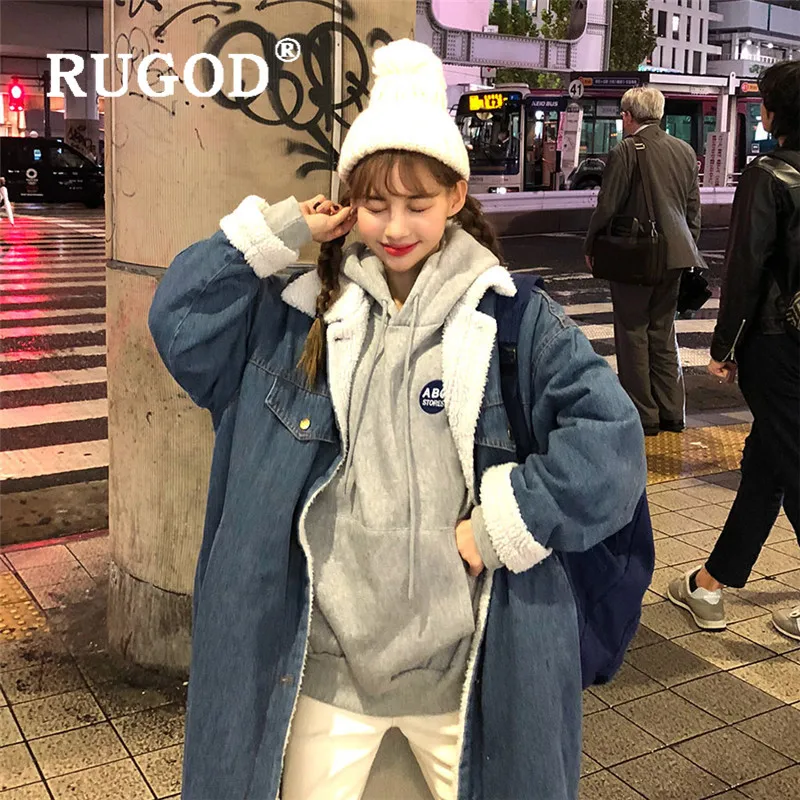 RUGOD Women Wool Coat Korean Style Chic Vintage Long Length Denim Coats Sweet Gril Winter Coat