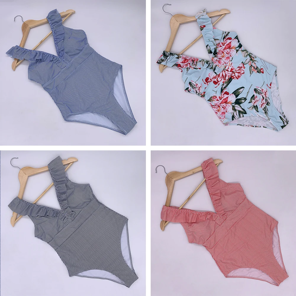Sexy One Piece Swimsuit 2024 Women Striped Ruffled Swimwear Women Vintage Print Monokini Female Bodysuit Girl Beach Bathing Suit 3