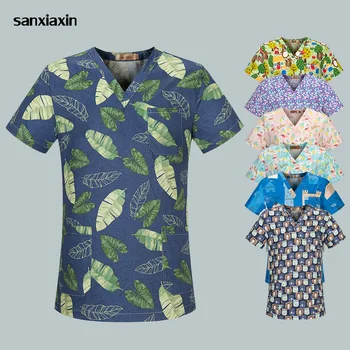 

New unisex medical Tops V-neck Cotton Printed Surgical Nurse Medical Uniforms Scrubs Tops For Women pet hospital work clothes