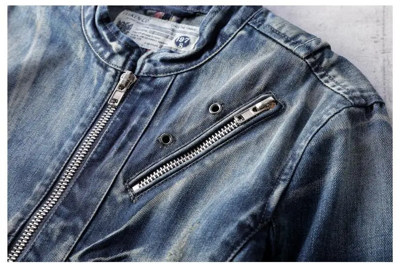 Bonjean MEN'S Ретро синяя хлопковая джинсовая мотоциклетная байкерская куртка на молнии с воротником-стойкой