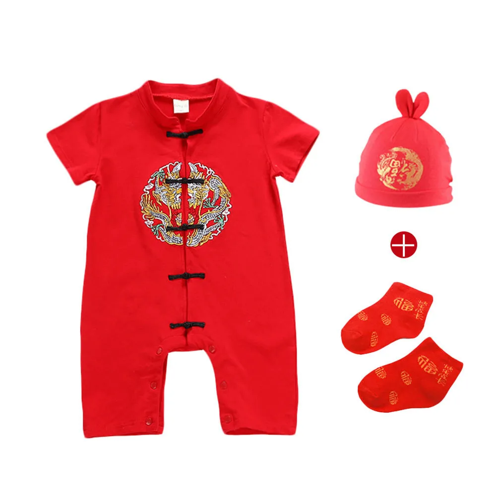3 шт. Традиционный китайский стиль вышивка детские ползунки-костюмы год для маленьких мальчиков и девочек комбинезоны из хлопка+ шапка+ носки, одежда для малышей