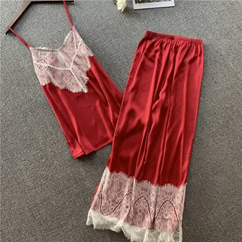 

Youhottest Sexy Women Silk Satin Lace Pajamas Set Summer Spaghetti Strap and Long Pants Sleepwear Pyjamas Sets
