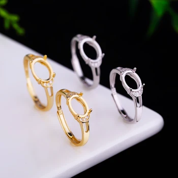 

925 Sterling Silver Women Engagement Wedding Ring CZ 7x9mm 6x8mm Oval Cabochon Semi Mount Ring fit Amber Agate Gemstone Setting