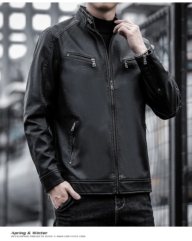 2021 Men's Leather Jackets Leather Jacket Men Motorcycle Solid Slim Stand Collar Zipper Fashion Coat Mens Coats Autumn Spring sheepskin trench coat