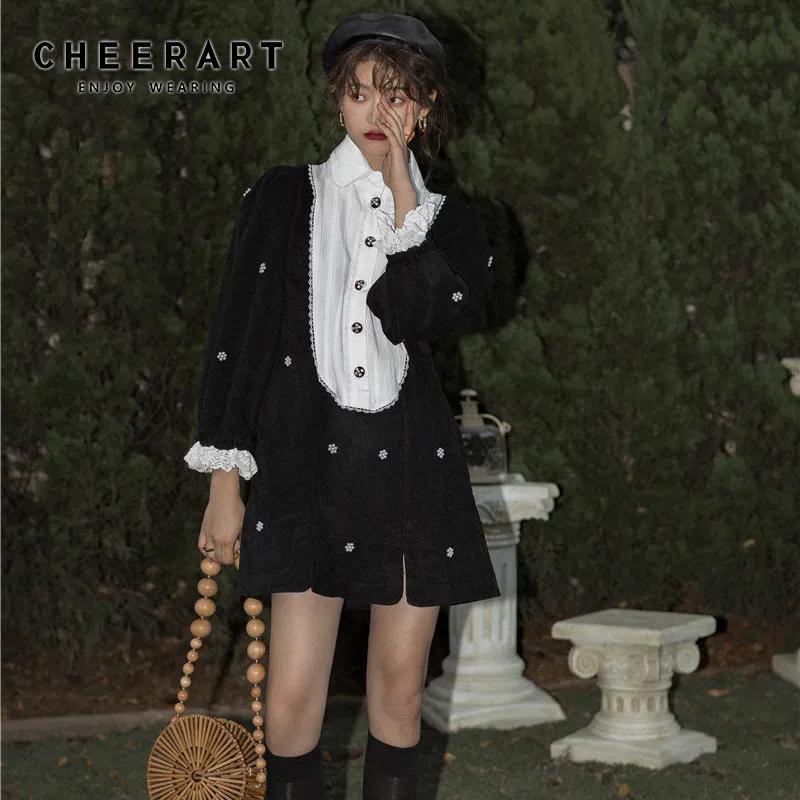 Винтажное вечернее платье CHEERART вельветовое лоскутное кружевное мини рубашка с