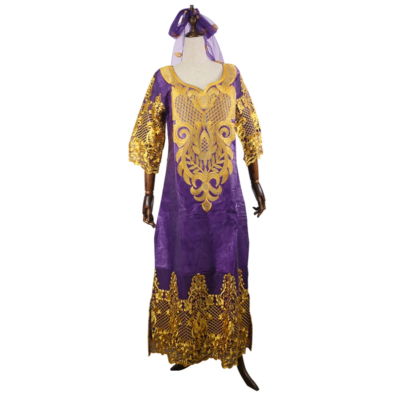 H& D Африканское женское кружевное платье размера плюс Базен платья с повязкой на голову длинный халат африканская Дамская одежда с вышивкой - Цвет: Фиолетовый