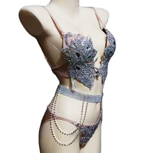 

Sparkling Rhinestones Silver Chain Belt Women Bikini Set Bra Shorts Three-Piece Suit Pole Dancing Costumes Nightclub Stage Wear