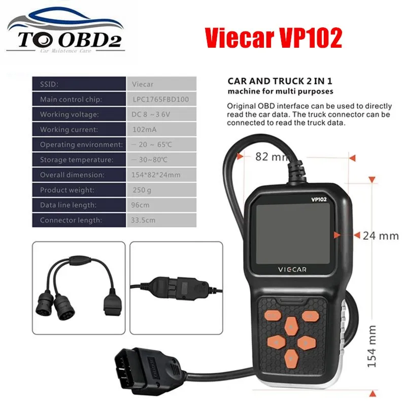 Viecar Vp102 Obd2 Code Reader Scanner Supports Protocols J1939/ Iso1708
