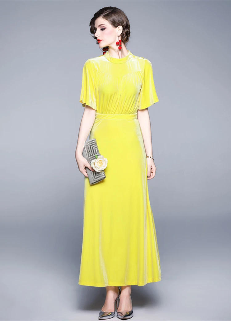 TESSCARA Women Autumn Winter Elegant Yellow Velvet Dress Festa Female Designer Vintage Cocktail Robe High Quality Party Vestidos