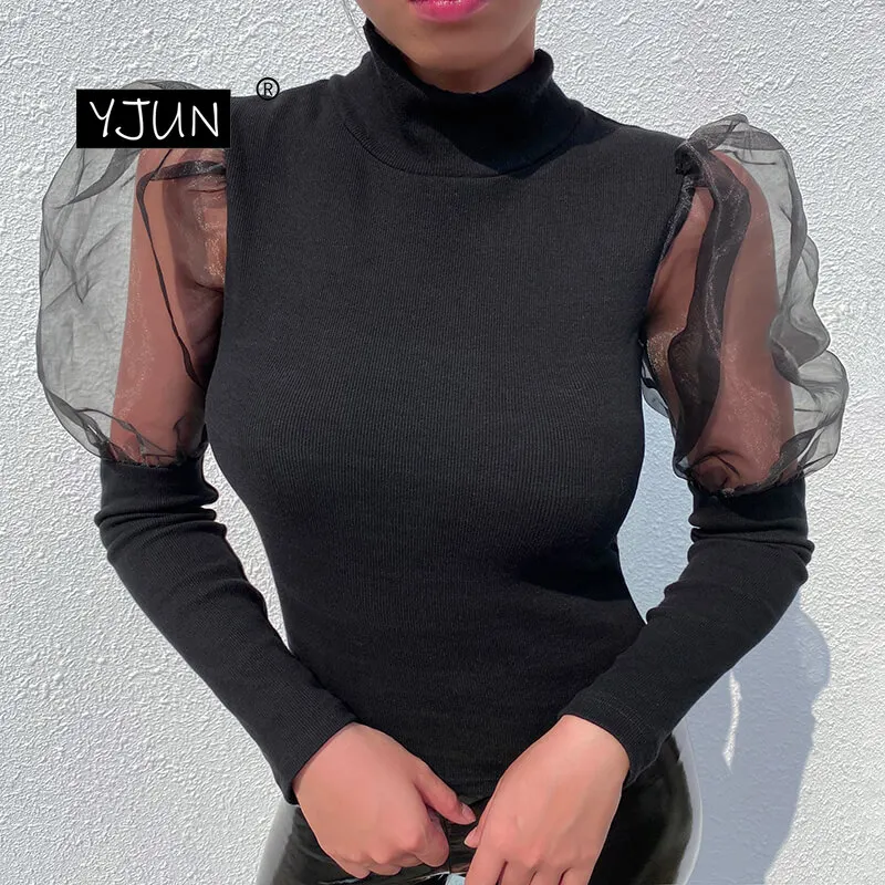 Puff Sleeve White Red Black Sexy Mesh Blouse Women Elegant Wave Turtleneck Long Ladies Shirt | Женская одежда