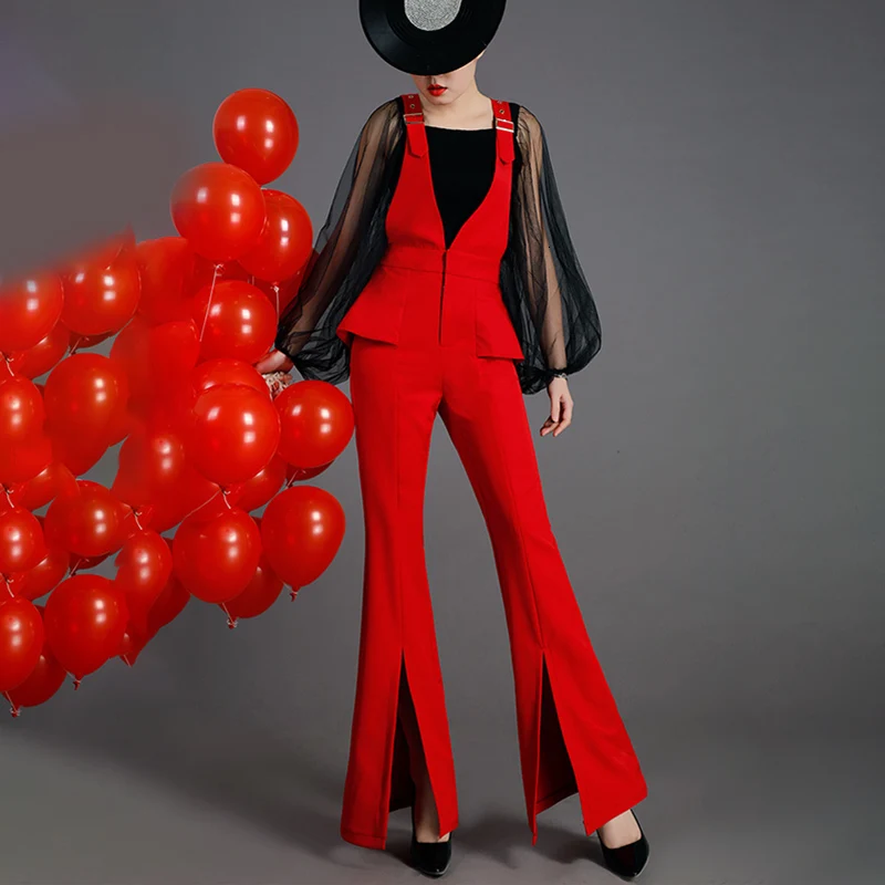 LANMREM 2019 корейские свободные широкие брюки-колокольчики для женщин черный красный вентиляционный низ комбинезоны высокого качества