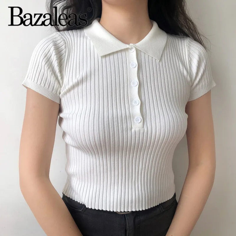 Bazaleas винтажная вязаная зеленая тонкая футболка уличная женская укороченная футболка с кнопками harajuku панк Повседневный укороченный топ рубашки
