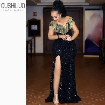 

Sparkly Prom Dresses Long Black Sequined Party Dresses Off The Shoulder With Tassel Sheath Prom Dress Gown Side Slit Sweep Train