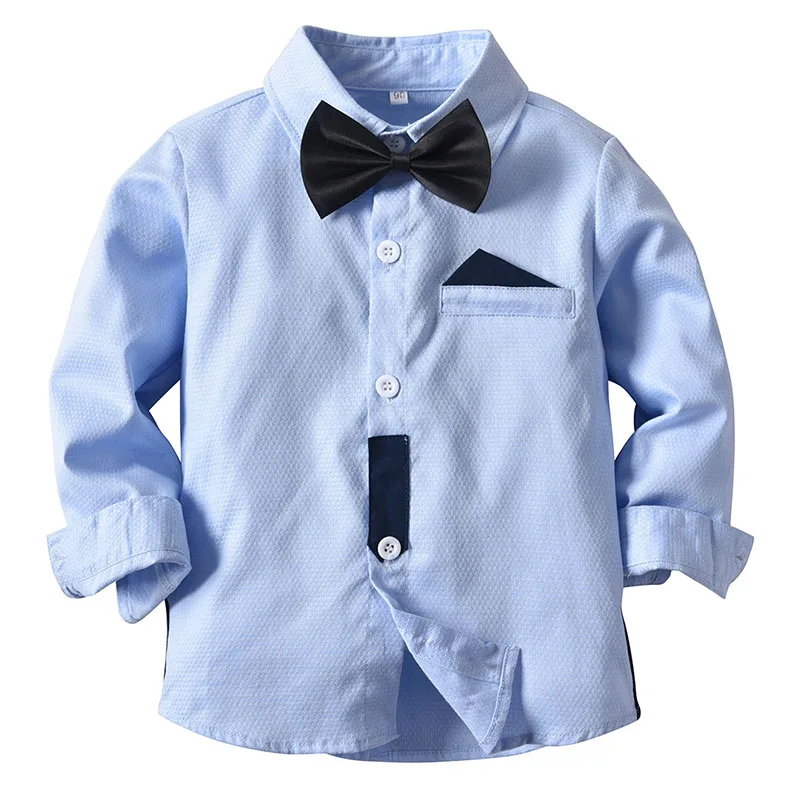 Blue Bow 19B573 Одежда для маленьких мальчиков рубашки для маленьких мальчиков весенние рубашки с длинными рукавами для мальчиков повседневные топы с воротником, Детская рубашка в полоску для мальчиков - Цвет: Blue Bow 19B573