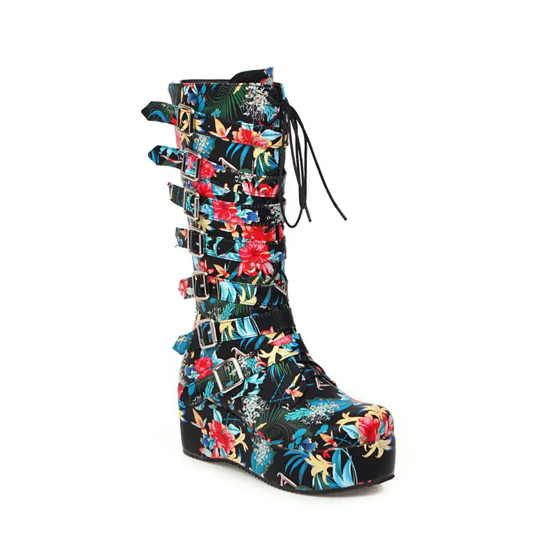 MORAZORA/ новые модные ботинки до середины икры для женщин, с рисунком, на осень-зиму на танкетке ботинки на платформе с пряжкой; Повседневные ботинки в стиле «панк» женщина - Цвет: Синий