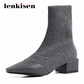 

Lenkisen korean girls cow leather knitting gorgeous small square toe thick med heels slip on pretty lady dating ankle boots L9f7