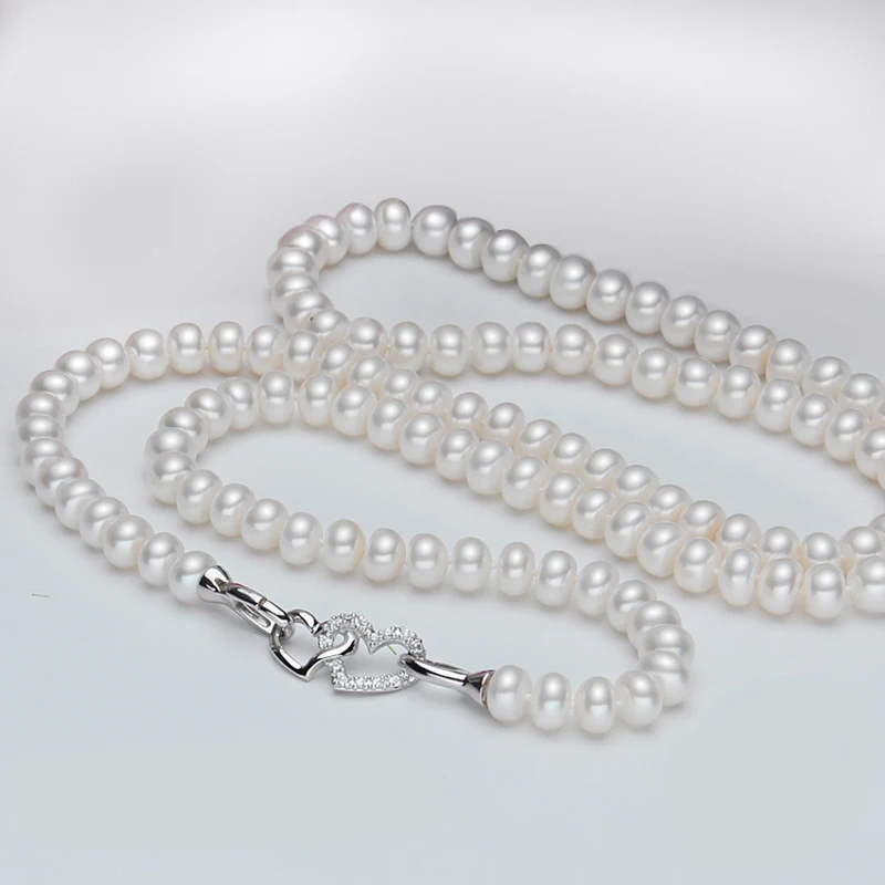 Real White Natural Freshwater Long Pearl Necklace For Women,Wedding 925 Sterling Silver Jewelry Heart Necklace Anniversary Gift