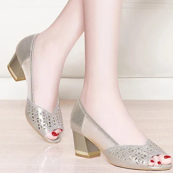 

Women's Peep Toe Sandals Mesh Pumps Womens Breathable Slip On Female Low Heels Hollow Shoes Summer Ladies PU Fashion