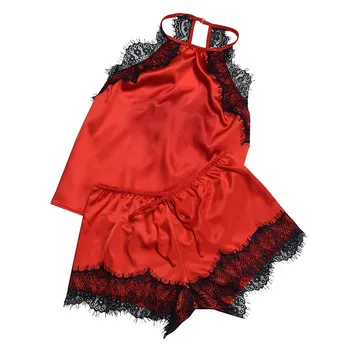 

Women Nightwear Lace Silk Sexy Passion Lingerie Babydoll Nightwear Sleeveless Camis Shorts 2PC Set pyjamas women ropa de dormir